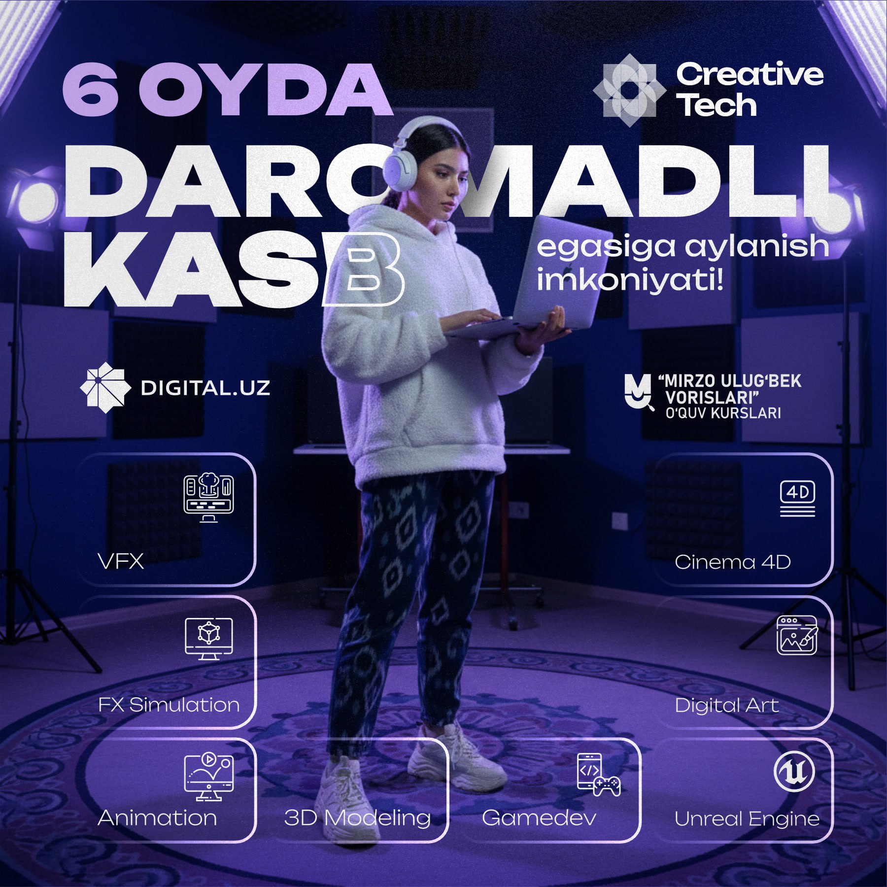  Qisqa muddat ichida yuqori daromadli kasblar egasi bo'ling   Raqamli texnologiyalar vazirligi hamda “Mirzo Ulugʻbek vorislari” grant dasturi siz uchun katta imkoniyatni taqdim etmoqda!